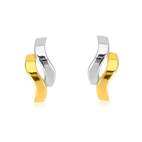 Náušnice z kombinovaného zlata 585 - lesklé dvojfarebné vlnky, puzetky