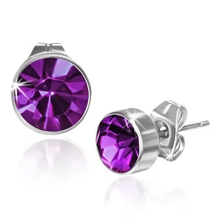 Oceľové náušnice, strieborná farba, tmavofialový okrúhly zirkón, puzetky