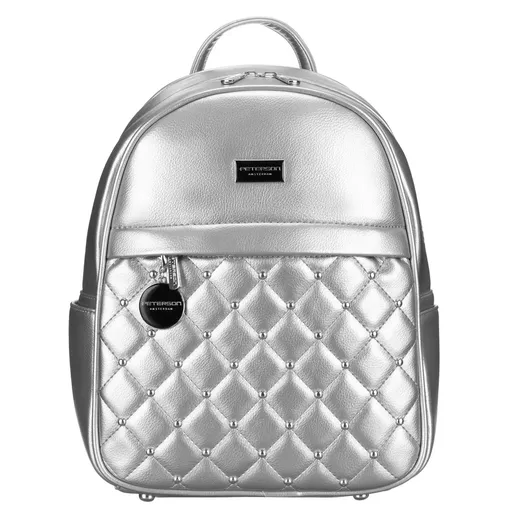 Lesklý strieborný dámsky ruksak zdobený prešívaním a nitmi z ekologickej kože