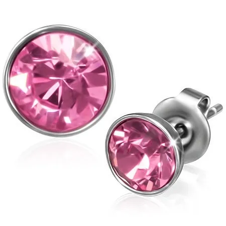 Puzetové náušnice z chirurgickej ocele - ružový okrúhly zirkón