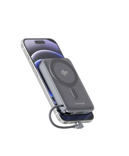 SWISSTEN POWER BANK MagSafe Qi2 15W, 10000 mAh S INTEGROVANÝM KÁBLOM USB-C ČIERNA