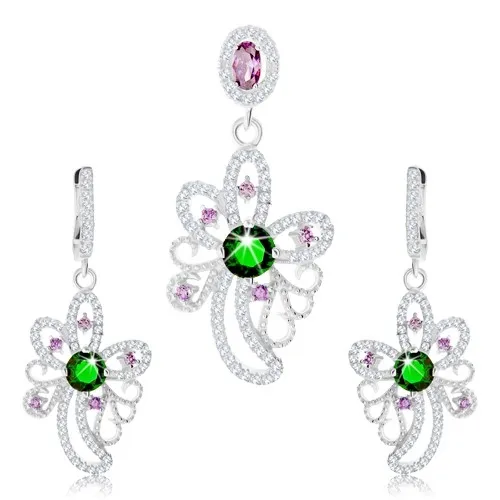 Strieborný set 925, prívesok, náušnice, asymetrický kvet zdobený zirkónmi