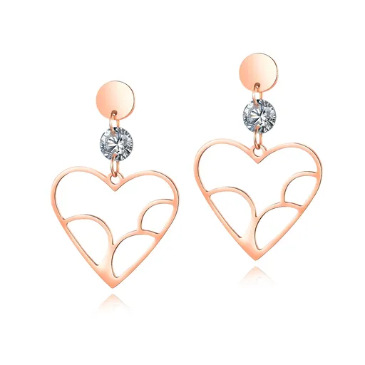 Oceľové náušnice - veľký obrys srdca, plochý krúžok s čírym zirkónom, medená farba