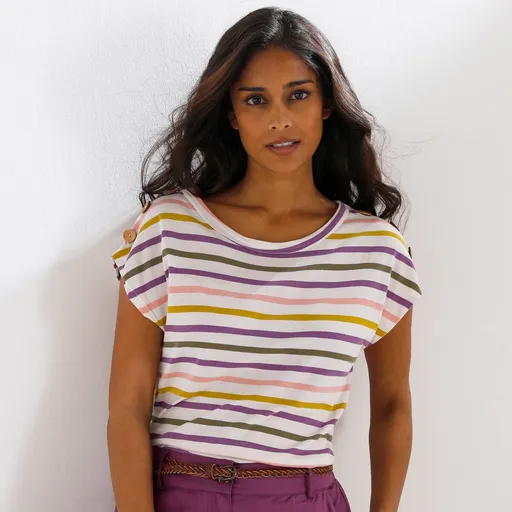 Pruhované tričko s kokosvými gombíkmi na pleciach