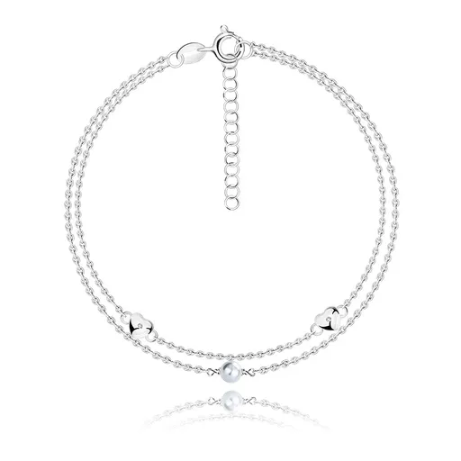 Zdvojený strieborný 925 náramok - syntetická biela perlička, vypuklé srdiečko, okrúhly zirkón