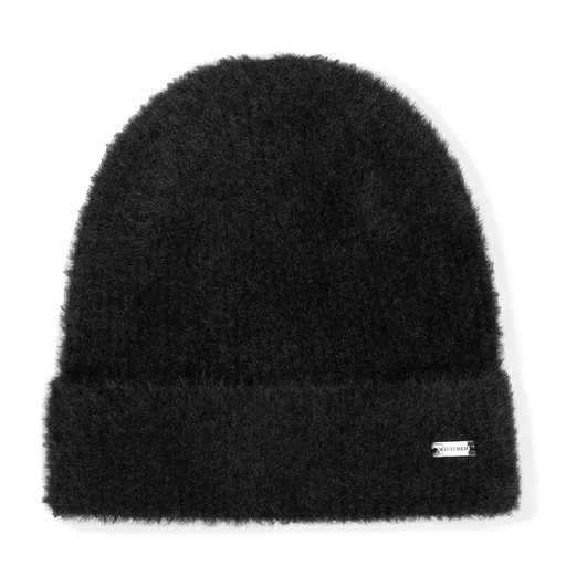 Dámska nadýchaná čierna zimná čiapka s vyhrnutým lemom a kovovým logom 101-HF-202-1