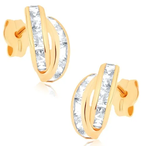 Zlaté náušnice 9K s prepletenými oblúkmi a hranatými čírymi zirkónmi