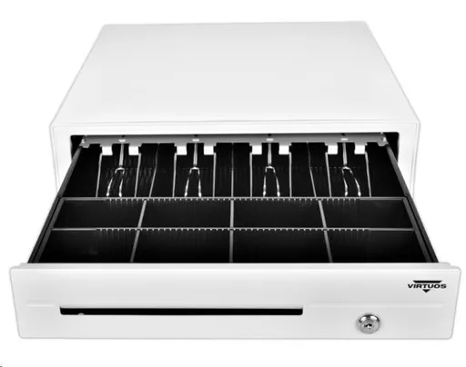 Virtuos pokladničná zásuvka C420D - s káblom, kovové držiaky, 9-24V, biela