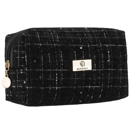 Czarna, pojemna kosmetyczka damska wykonana z materiału syntetycznego, zamykana suwakiem - Rovicky
