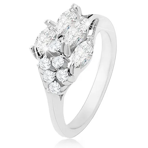 Prsteň zdobený zrniečkovými a okrúhlymi zirkónmi čírej farby, lesklé ramená - Veľkosť: 53 mm