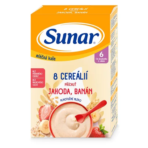 SUNAR Mliečna kaša 8 cereálií jahoda banán 6m+ 210 g