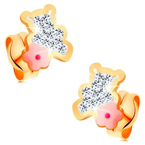 Puzetové náušnice zo žltého 14K zlata - číry zirkónový macko s ružovým kvietkom