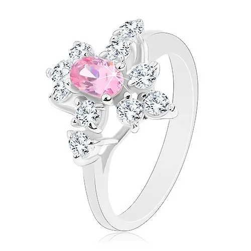 Trblietavý prsteň v striebornej farbe, ružový ovál, číre zirkóniky - Veľkosť: 49 mm