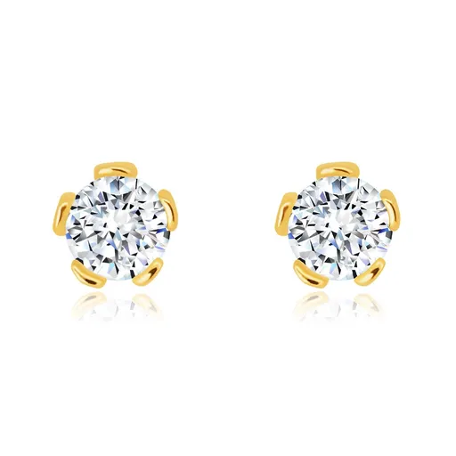 Náušnice z 9K zlata - trblietavý okrúhly číry zirkón medzi piatimi úchytmi, puzetky
