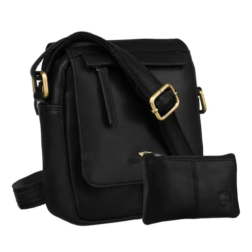 Čierna pánska kožená taška na rameno s klopou + kožené puzdro na kľúče – Peterson