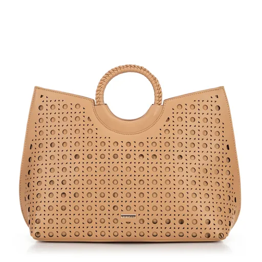 Dámska nákupná kabelka z ekokože s geometrickými výrezmi béžová 100-4Y-204-9