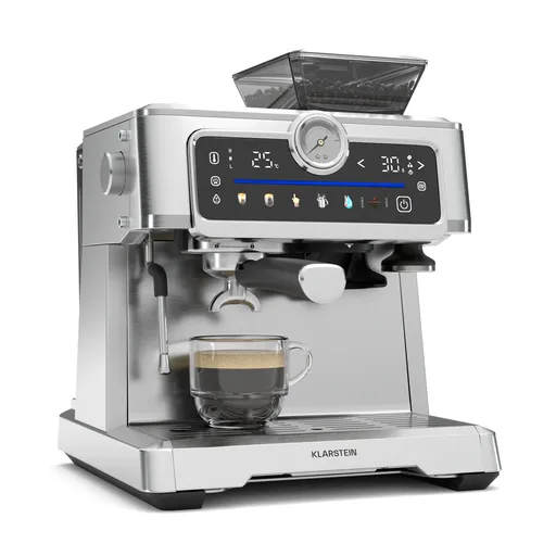 Klarstein GrandPresso Touch kávovar, 20 barov, integrovaný mlynček, indikátor tlaku, mliečna pena