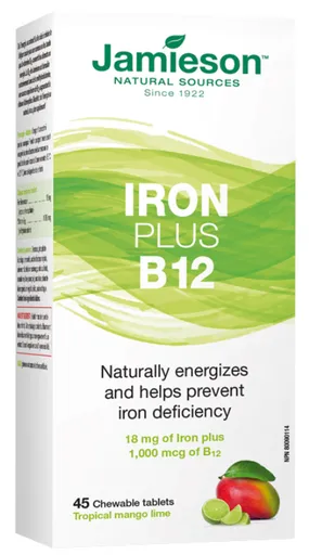 JAMIESON ŽELEZO PLUS B12 CMÚĽACIE TABLETY s príchuťou tropického manga a limetky 45tbl