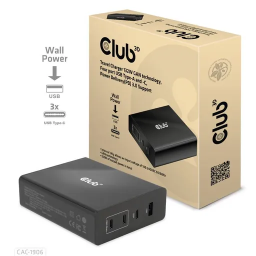 Club3D cestovná nabíjačka 132W GAN technológia, 4xUSB-A a USB-C, PD 3.0 Support