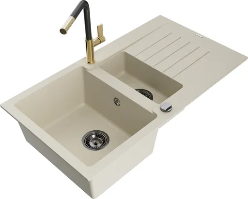 MEXEN/S MEXEN/S - Matias granitový drez 1.5 s odkvapkávačom vrátane batérie Flora, béžová 6502-69-670401-57-B