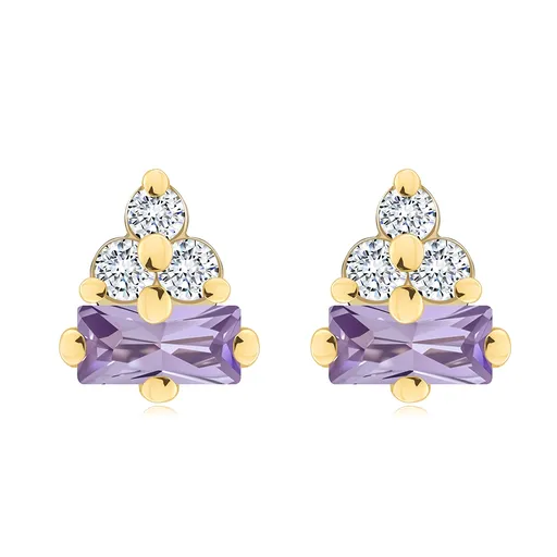 Zlaté náušnice 14K s fialovým zirkónom a trojicou čírych zirkónov