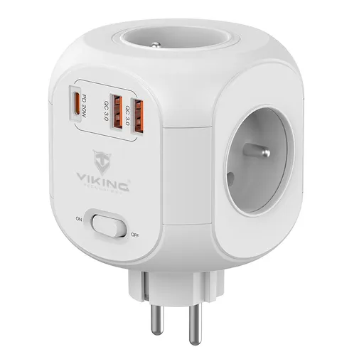 Sieťový adaptér Viking AC43/Output: 4xAC, 2xUSB-A, 1xUSB-C/výkon až 3500W/ ON/OFF tlačidlo