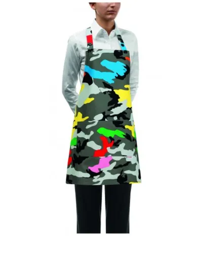 EGOCHEF Kuchárska zástera EGOchef DÁMSKA ku krku s vreckom - Farebný maskáč 70x70 cm