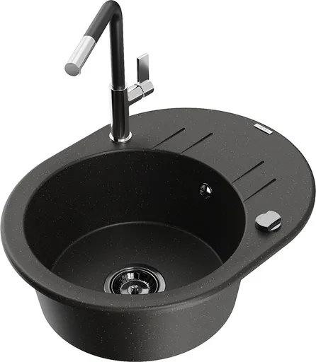 MEXEN/S MEXEN/S - Kevin granitový drez 1-miska s odkvapkávačom vrátane batérie Flora, čierna/zlatá metalik 6517-75-670401-07-B