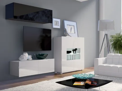 ArtGiB Obývacia stena CALABRINI IX | biela-biely lesk/čierna-čierny lesk