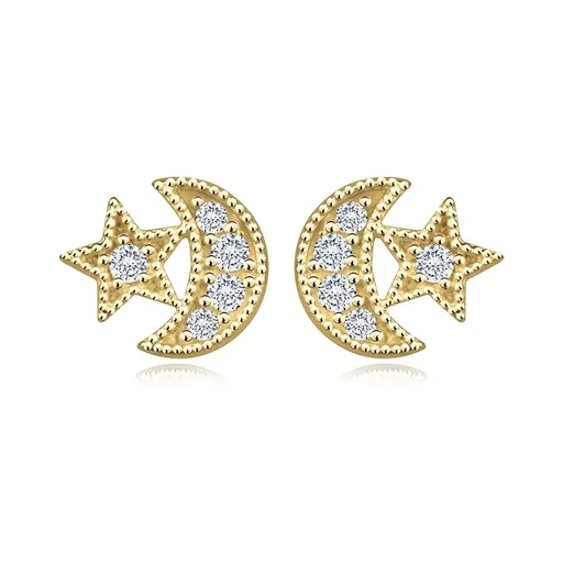 Náušnice v 14K žltom zlate - spojená silueta mesiaca a hviezdy, zirkóny