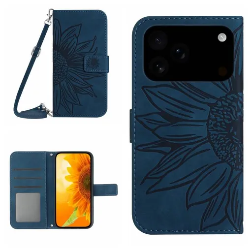 ART SUNFLOWER Peňaženkový kryt so šnúrkou pre Apple iPhone 17 Pro modrý