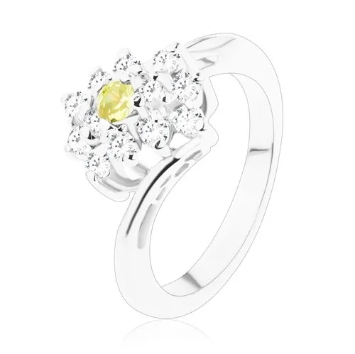 Ligotavý prsteň v striebornom odtieni, okrúhly zelenožltý zirkón, číry obdĺžnik - Veľkosť: 49 mm