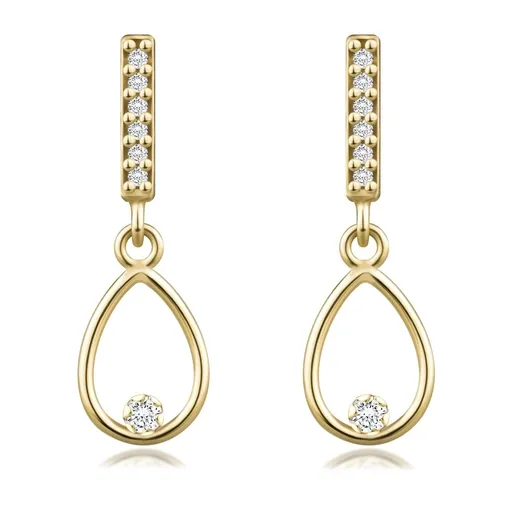 Náušnice v žltom 14K zlate - úzky pásik, kontúra slzy, číre zirkóny, puzetky