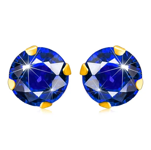 Náušnice v žltom zlate 375 - tmavomodrý zirkón okrúhleho tvaru