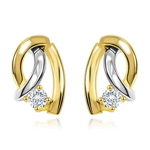 Dvojfarebné náušnice v 14K zlate - tri zahnuté línie, okrúhly žiarivý briliant