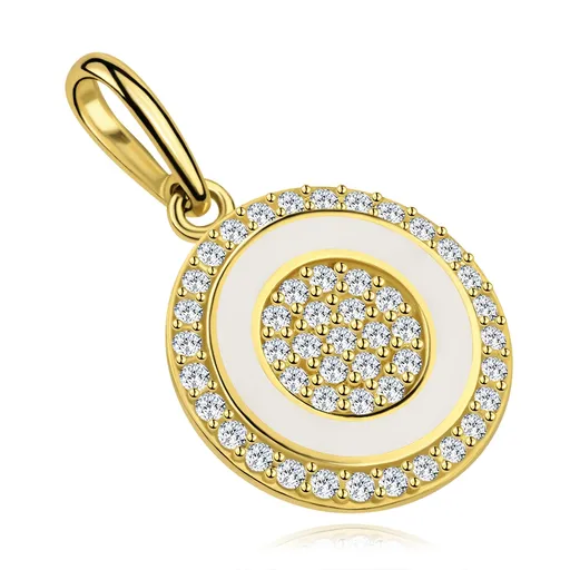 Okrúhly prívesok zo žltého zlata 9K s bielou glazúrou a zirkónmi