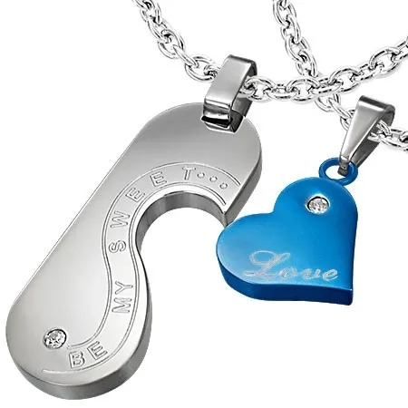 Prívesky pre dvojicu - srdce, známka, zamilované nápisy, strieborná a modrá farba