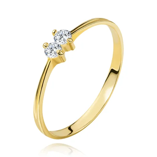 Briliantový zlatý prsteň 585 - tenké lesklé ramená, dva žiarivé číre diamanty - Veľkosť: 57 mm