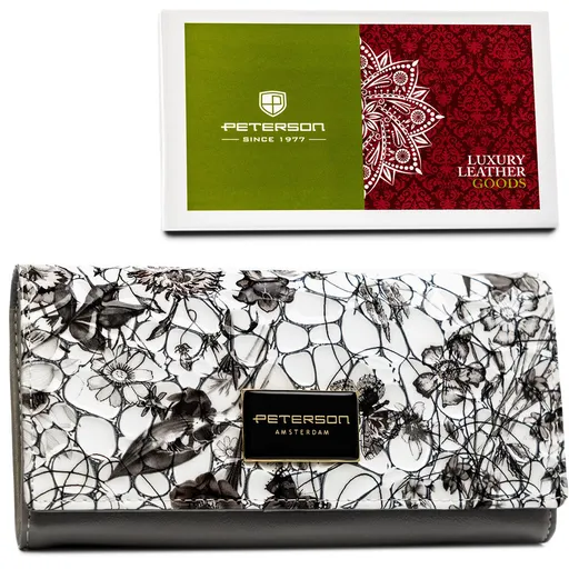 Dámska horizontálna peňaženka z pravej kože s farebným kvetinovým vzorom, zapínaná na patentku - Peterson