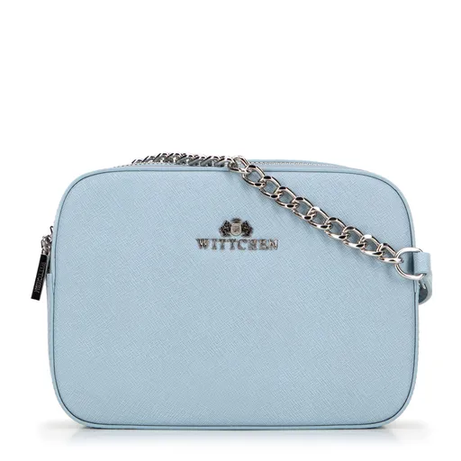 Dámska boxová listová kabelka zo saffiano kože na retiazke modrá 29-4E-019-N