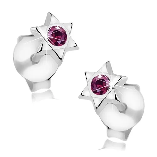 Puzetové náušnice, striebro 925, Dávidova hviezda s fialovým krištáľom