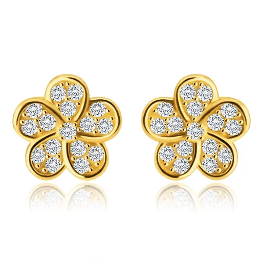 Náušnice zo 14K zlata - ligotavý kvietok vykladaný čírymi zirkónikmi, puzetky