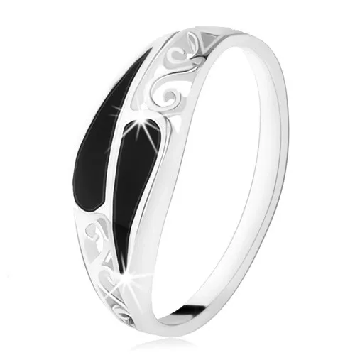 Prsteň zo striebra 925, dve úzke čierne kvapky, filigránové zdobenie - Veľkosť: 51 mm