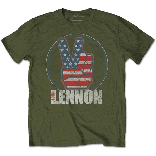 John Lennon tričko Peace Fingers US Flag Zelená S