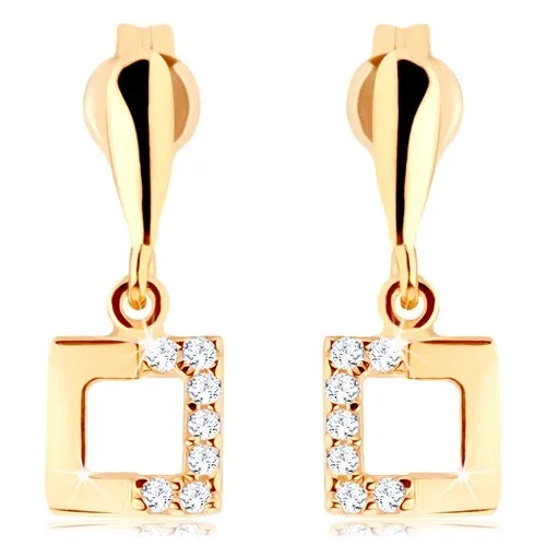 Zlaté náušnice 9K štvorcový obrys s čírymi zirkónmi a slzou