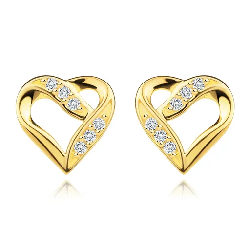 Náušnice v žltom 585 zlate - srdce so zatočenými ramenami, zirkóny