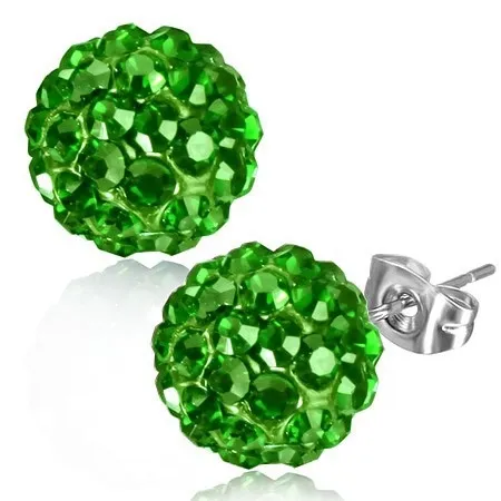 Shamballa náušnice z ocele, gulička, ligotavé zelené zirkóny, 8 mm