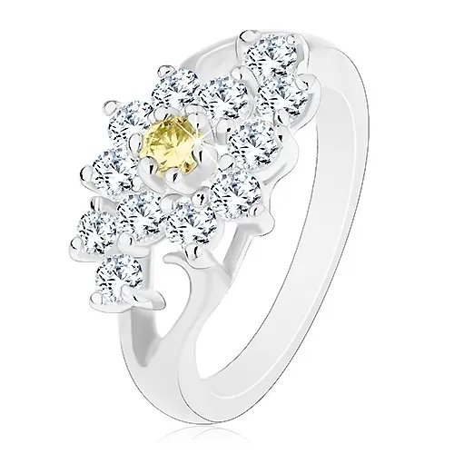 Prsteň s lesklými rozdelenými ramenami, číry kvietok so žltým stredom - Veľkosť: 49 mm