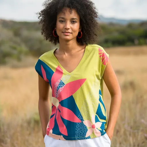 Tričko s potlačou a výstrihom do V z bavlny a ľanu