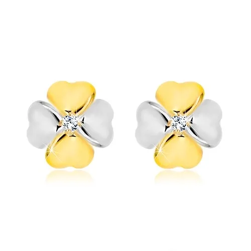 Briliantové náušnice z kombinovaného 14K zlata - symbol šťastia s diamantom